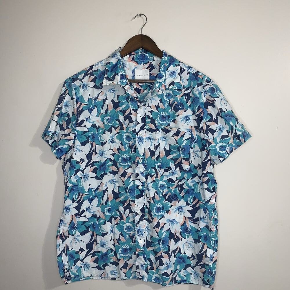 Men’s American Eagle AE Tropical Hawaiian Print Resort Shirt Large Button Front
